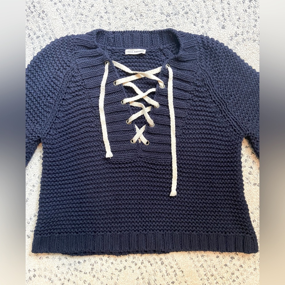 Ulla Johnson Navy Sweater with Lace-Up Detail